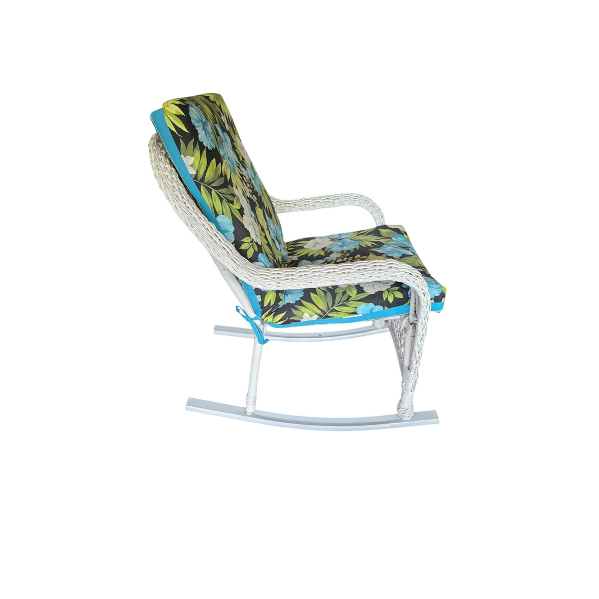 Vintage White Rattan Rocking Chair with Black Floral Cushion