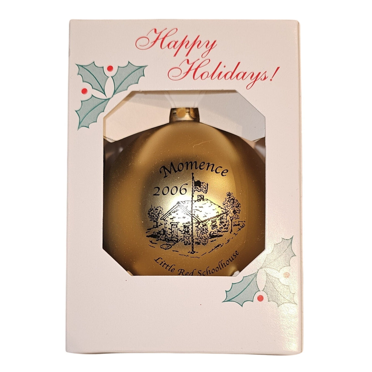 Momence Women's Club The Little Red Schoolhouse Ornaments Gold Purple Green