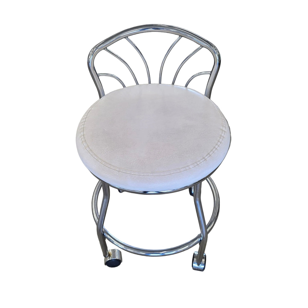 Faux Leather & Polished Chrome Vanity Chair | Rolling | 17" x 27" | Glam Bedroom & Makeup
