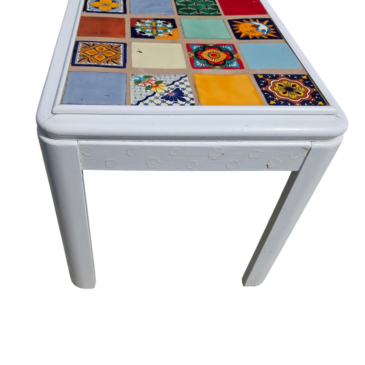 Whimsical White Wood Accent Table with Colorful Mosaic Tile Top