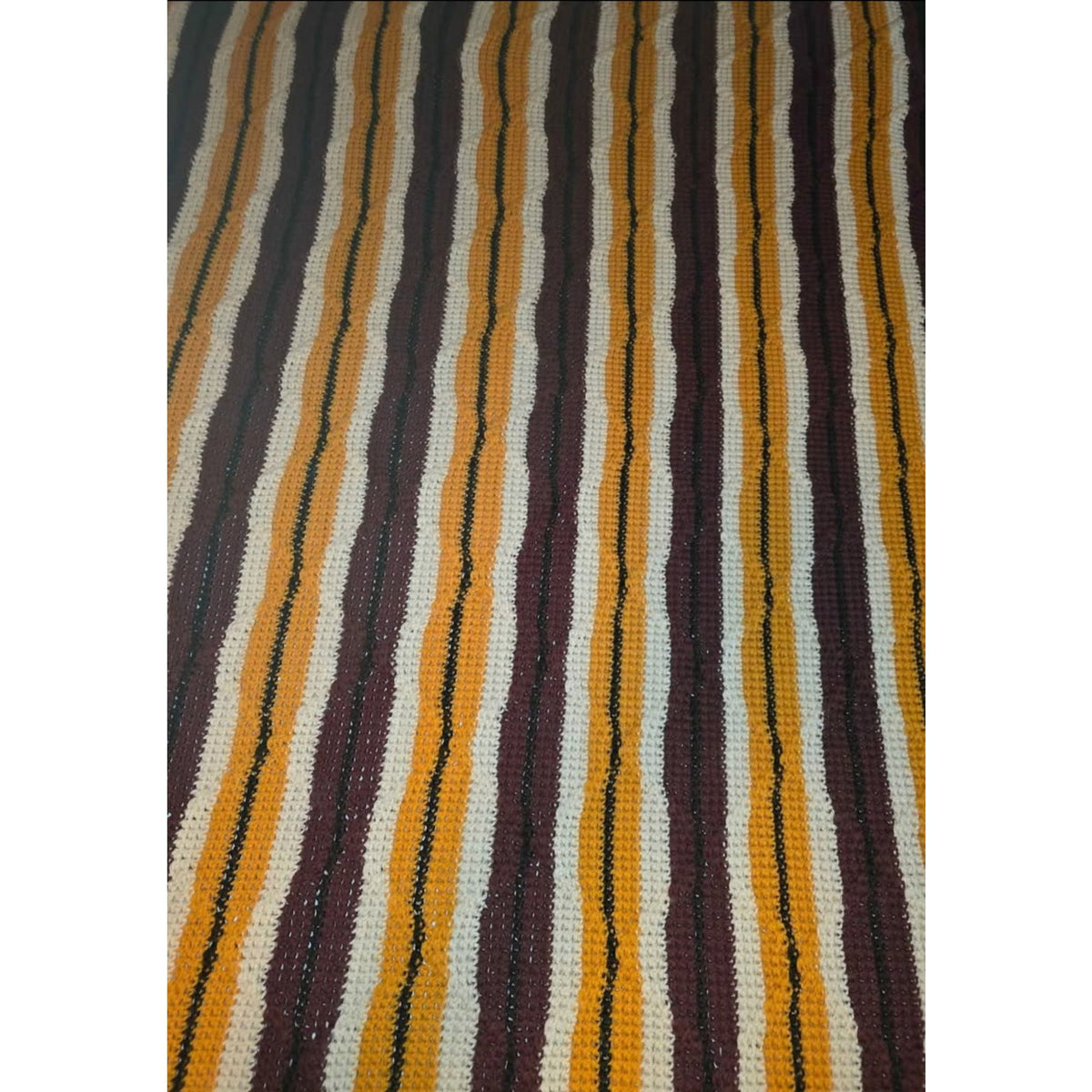 Vintage Hand-Crocheted Goldenrod & Brown Chevron Afghan | 83" x 48" | Boho Throw Blanket