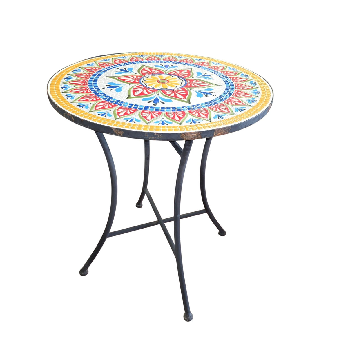 Delightful Black Metal Bistro Table & Chair Set with Colorful Mosaic Tile Accents