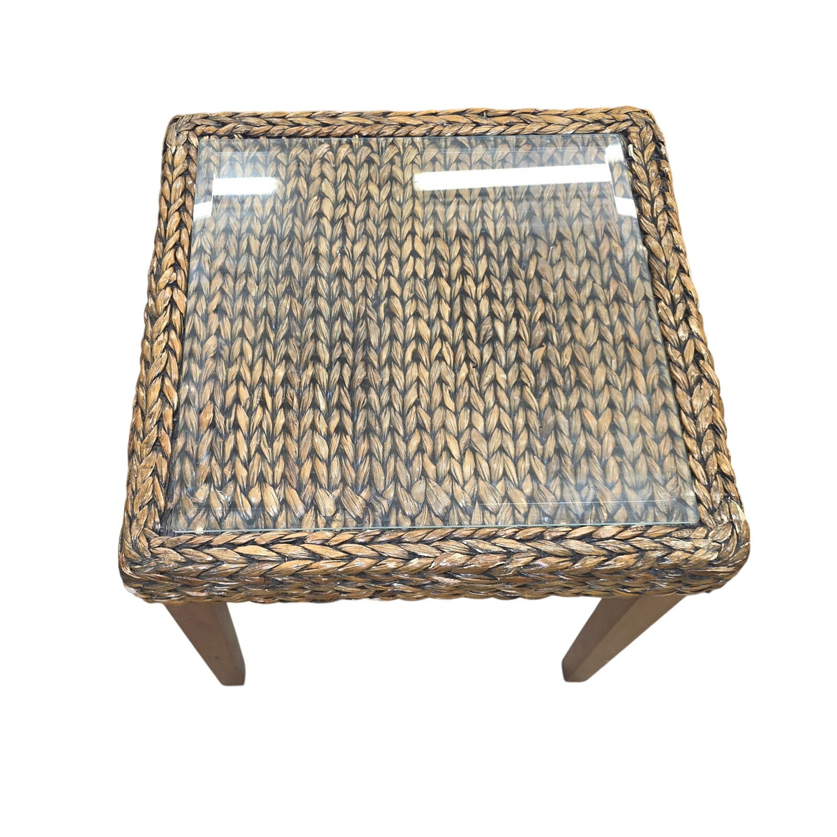 Seagrass Woven End Table with Glass Top | 20" Coastal Accent