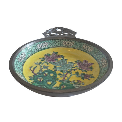 Canton Ware Hand-Painted Porcelain Ashtray with Pewter Handle | Made in Japan | 11" x 8"