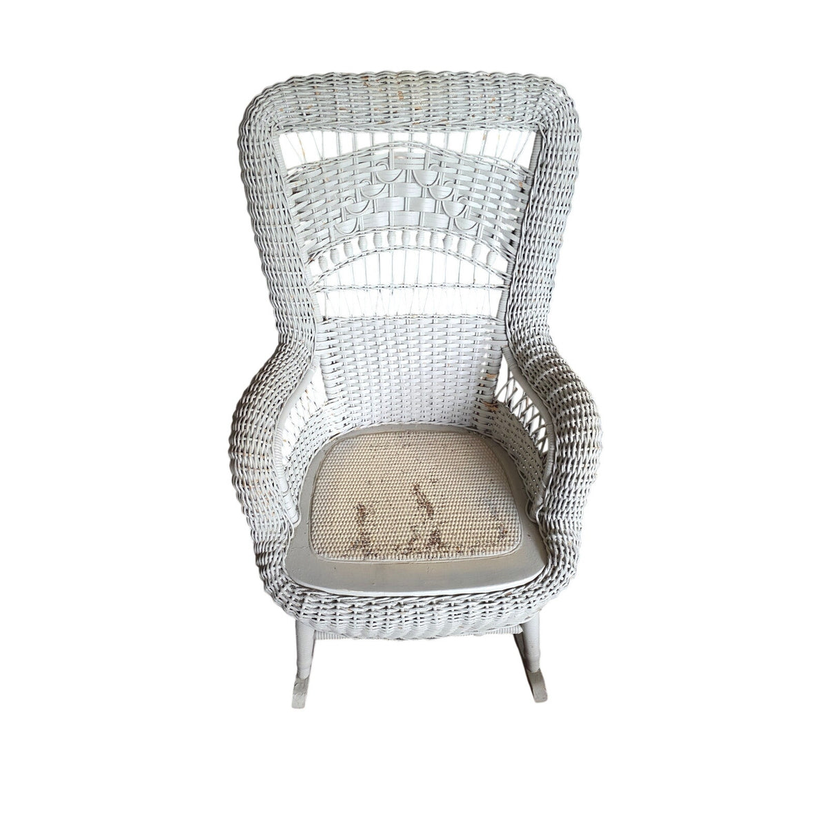 Vintage White Rattan Rocking Chair with Plaid Cushion