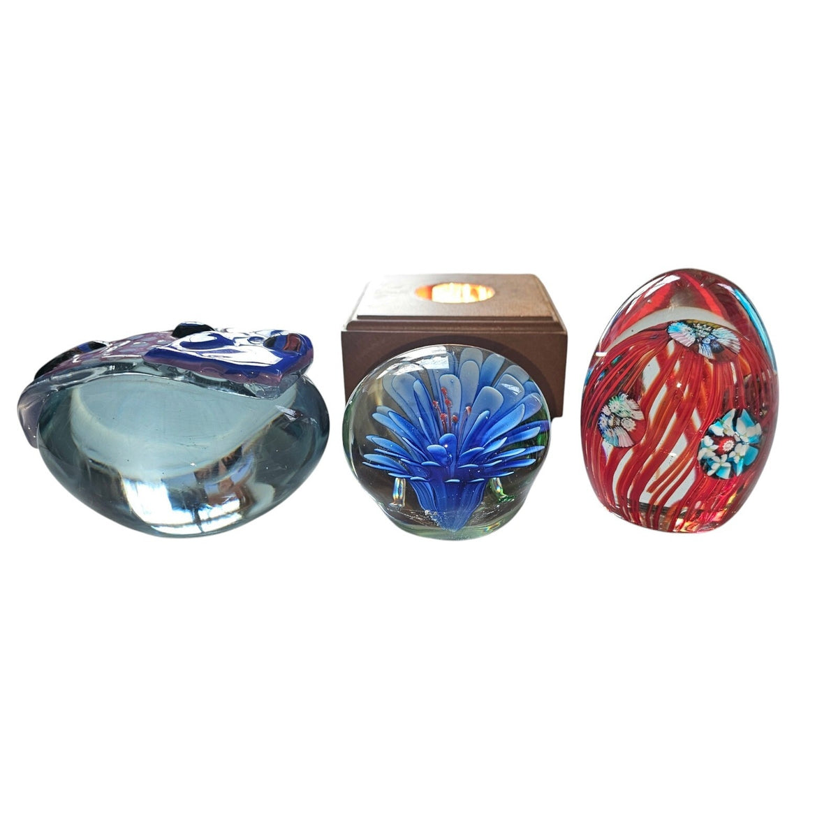 Set of 3 Glass Controlled Bubble Paperweights | Reds & Blues | Lighted Wooden Stand Included
