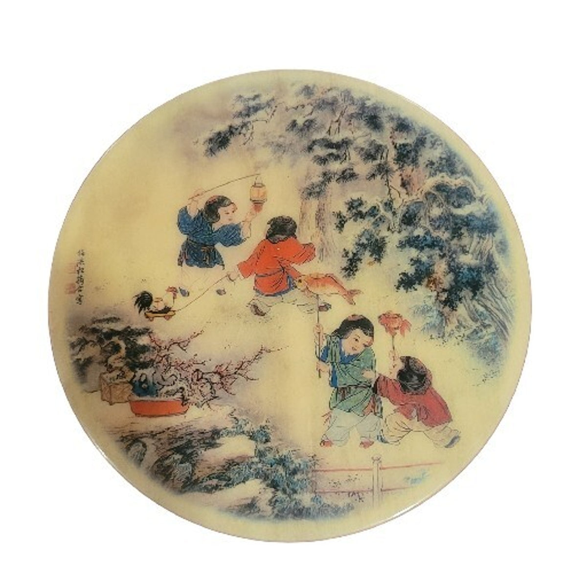 Vintage Chinese Hand-Painted Marble Disk | 8" | Children Playing in Garden | Asian Art Collectible
