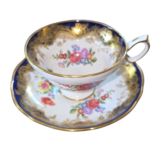 Vintage Hammersley Bone China Teacup & Saucer | Cobalt Blue & Gold Floral