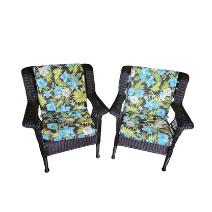 Black Rattan Patio Chairs with Floral Cushions | Set of 2