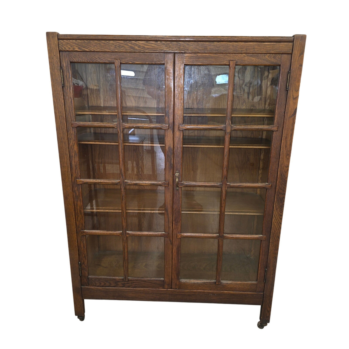 Antique Stickley Mission Style Solid Wood Book Shelf with Glass Doors