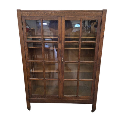 Antique Stickley Mission Style Solid Wood Book Shelf with Glass Doors