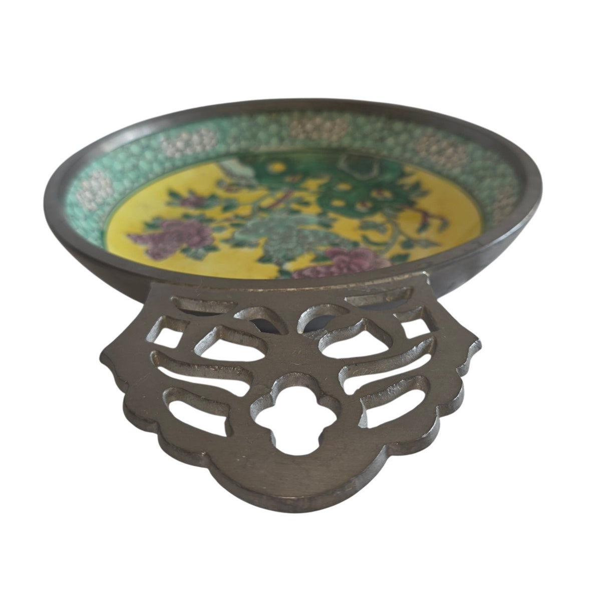 Canton Ware Hand-Painted Porcelain Ashtray with Pewter Handle | Made in Japan | 11" x 8"