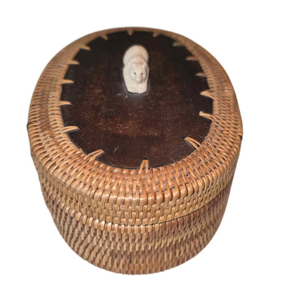 Vintage Handwoven Basket with Leather Lid & Carved Bear Detail
