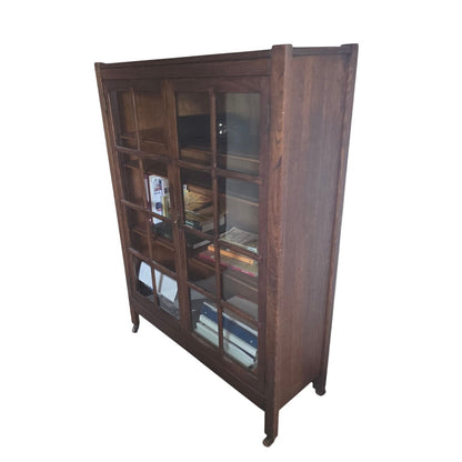 Antique Stickley Mission Style Solid Wood Book Shelf with Glass Doors