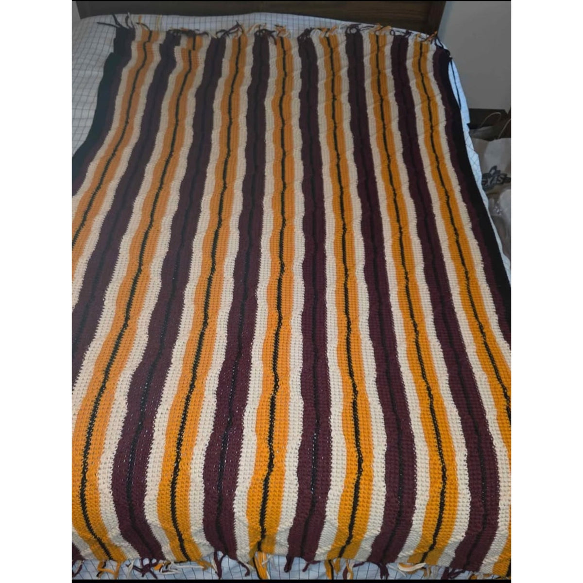 Vintage Hand-Crocheted Goldenrod & Brown Chevron Afghan | 83" x 48" | Boho Throw Blanket