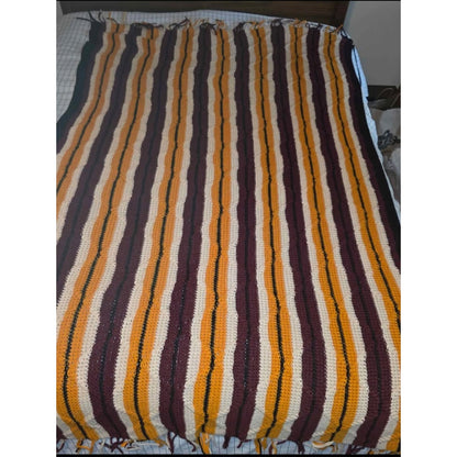 Vintage Hand-Crocheted Goldenrod & Brown Chevron Afghan | 83" x 48" | Boho Throw Blanket