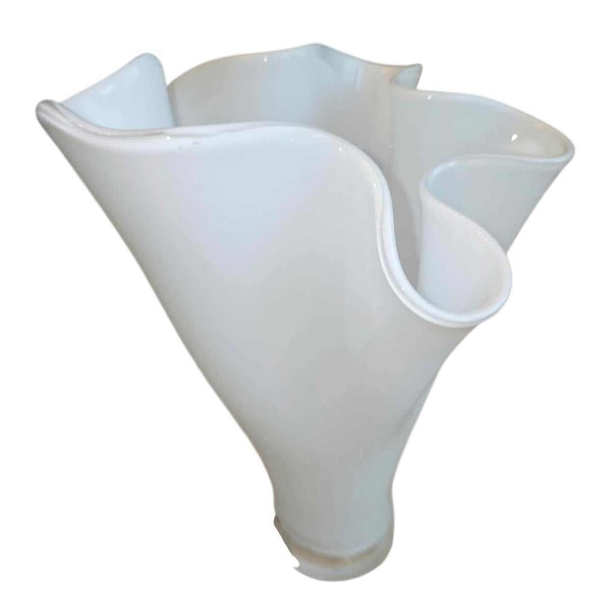 Orrefors-Style Handkerchief Ruffle Rim White Vase | 12.5" Scandinavian