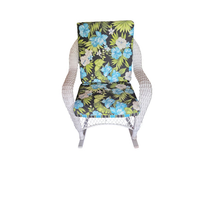Vintage White Rattan Rocking Chair with Black Floral Cushion