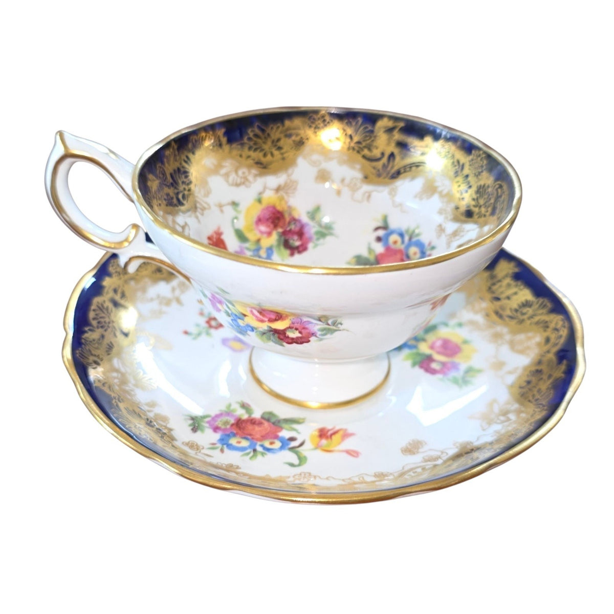 Vintage Hammersley Bone China Teacup & Saucer | Cobalt Blue & Gold Floral