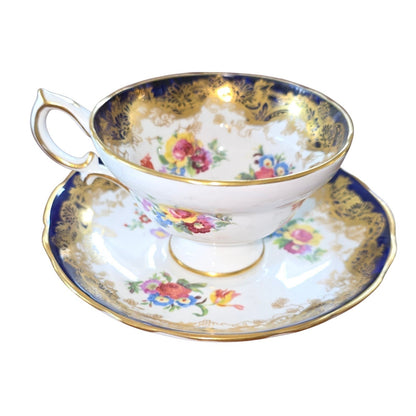 Vintage Hammersley Bone China Teacup & Saucer | Cobalt Blue & Gold Floral