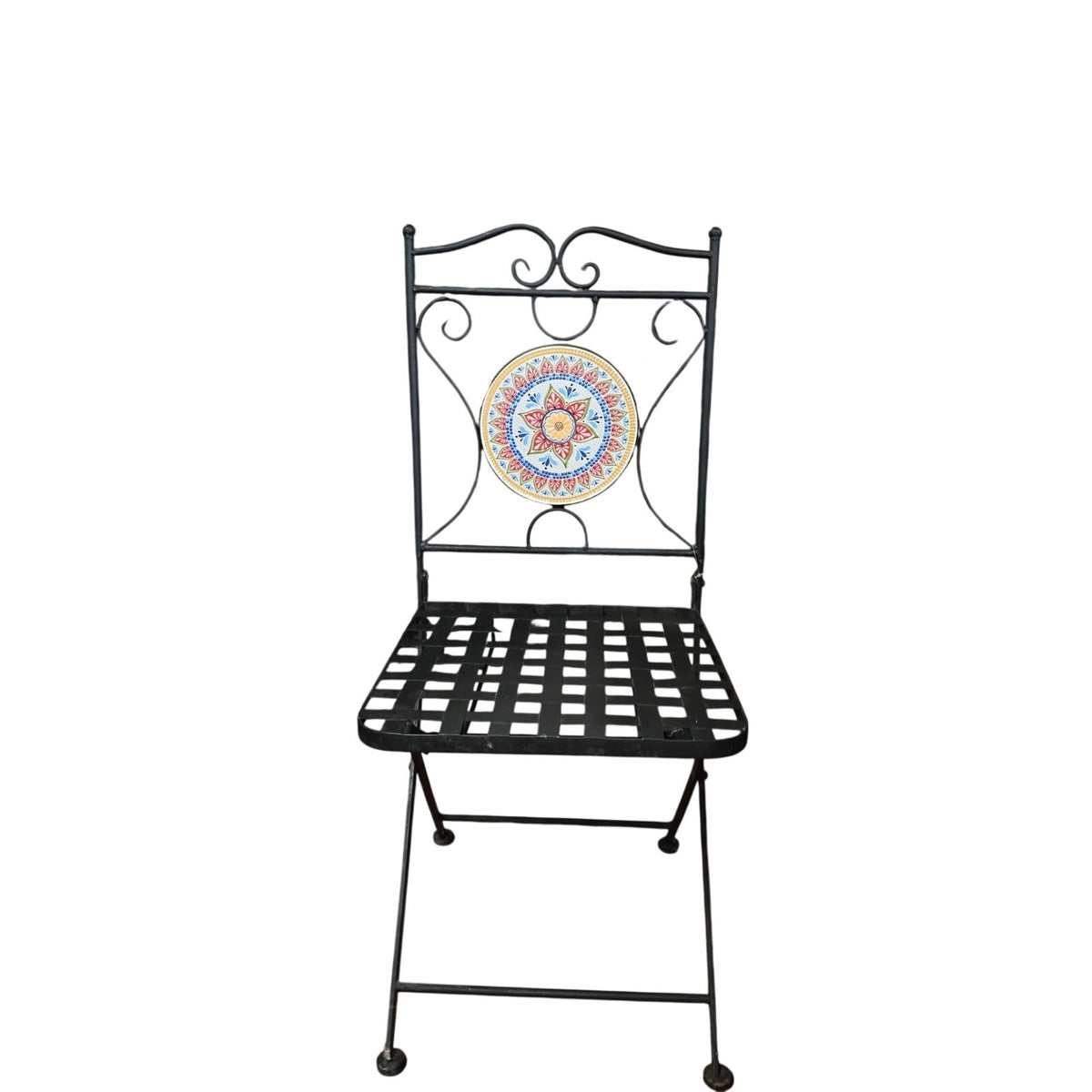 Delightful Black Metal Bistro Table & Chair Set with Colorful Mosaic Tile Accents