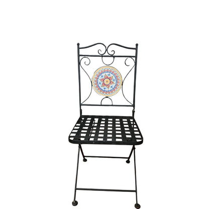 Delightful Black Metal Bistro Table & Chair Set with Colorful Mosaic Tile Accents