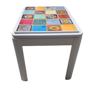 Whimsical White Wood Accent Table with Colorful Mosaic Tile Top