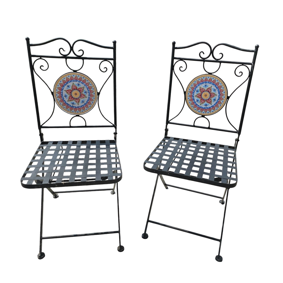 Delightful Black Metal Bistro Table & Chair Set with Colorful Mosaic Tile Accents
