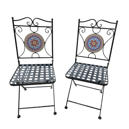Delightful Black Metal Bistro Table & Chair Set with Colorful Mosaic Tile Accents