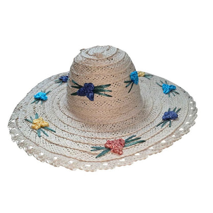Ladies Straw Hat with Floral Accents & Leather Top | 18" Sun Hat