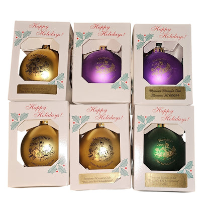 Momence Women's Club The Little Red Schoolhouse Ornaments Gold Purple Green