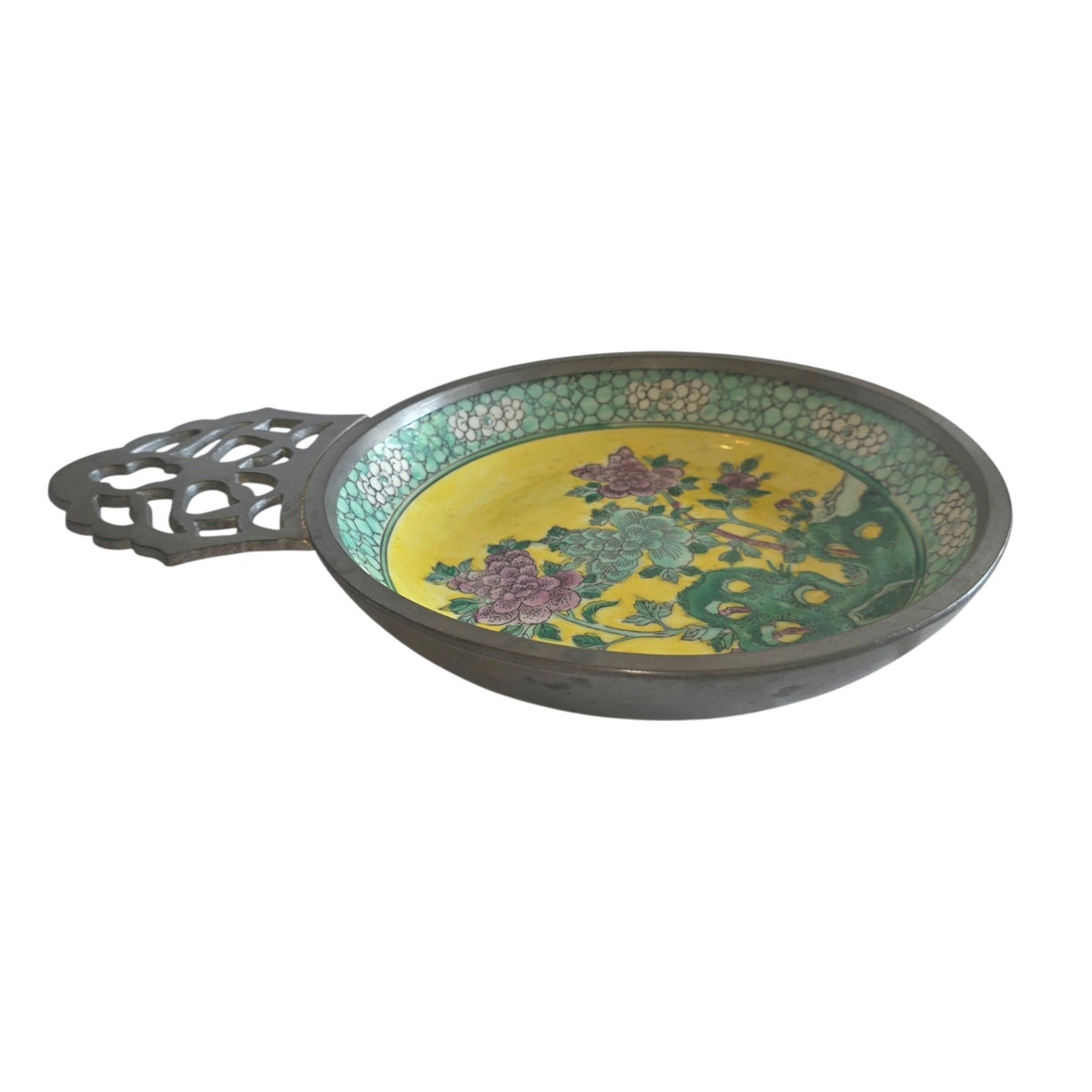 Canton Ware Hand-Painted Porcelain Ashtray with Pewter Handle | Made in Japan | 11" x 8"