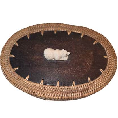 Vintage Handwoven Basket with Leather Lid & Carved Bear Detail