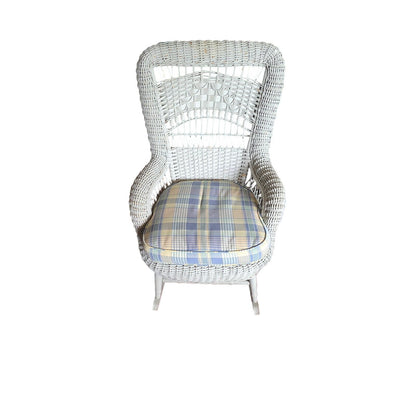Vintage White Rattan Rocking Chair with Plaid Cushion
