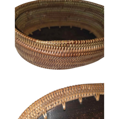 Vintage Handwoven Basket with Leather Lid & Carved Bear Detail