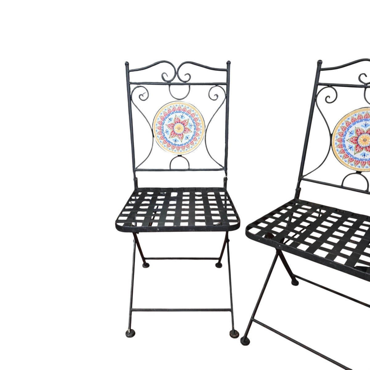 Delightful Black Metal Bistro Table & Chair Set with Colorful Mosaic Tile Accents