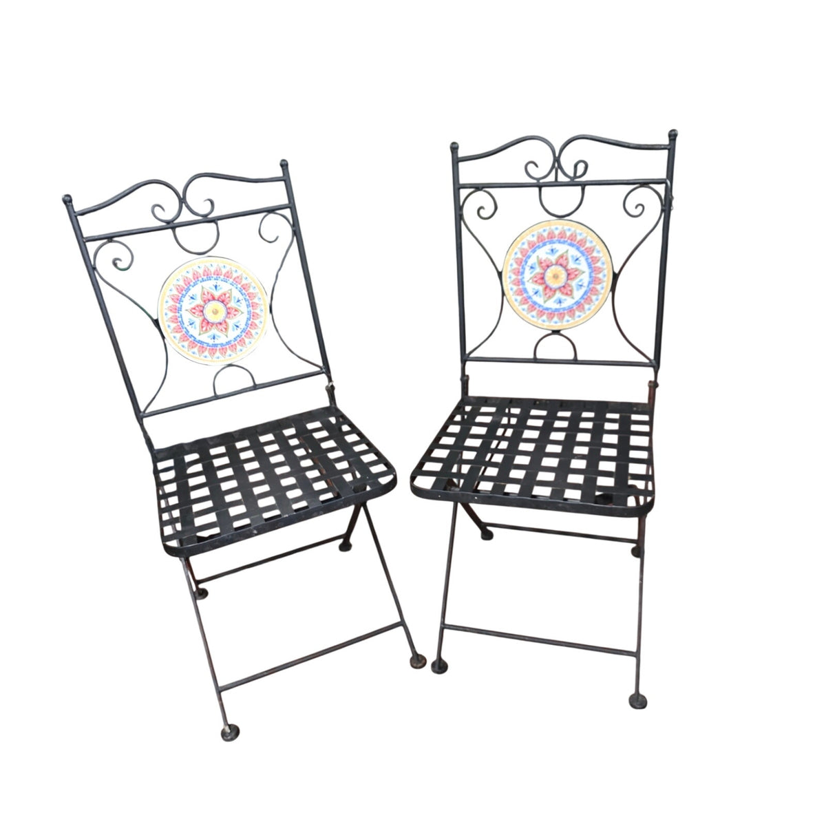 Delightful Black Metal Bistro Table & Chair Set with Colorful Mosaic Tile Accents