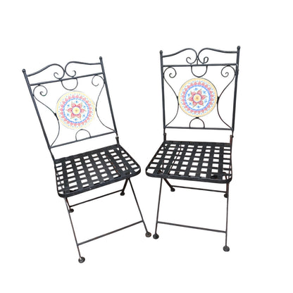 Delightful Black Metal Bistro Table & Chair Set with Colorful Mosaic Tile Accents