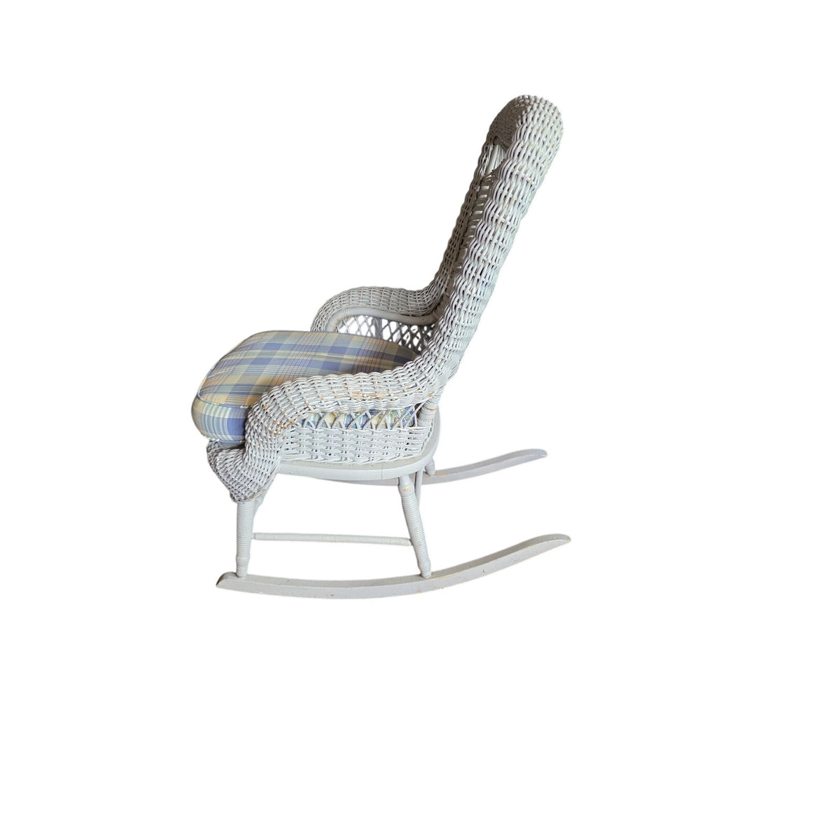 Vintage White Rattan Rocking Chair with Plaid Cushion