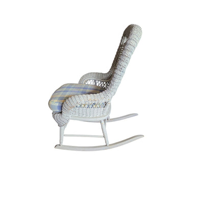 Vintage White Rattan Rocking Chair with Plaid Cushion
