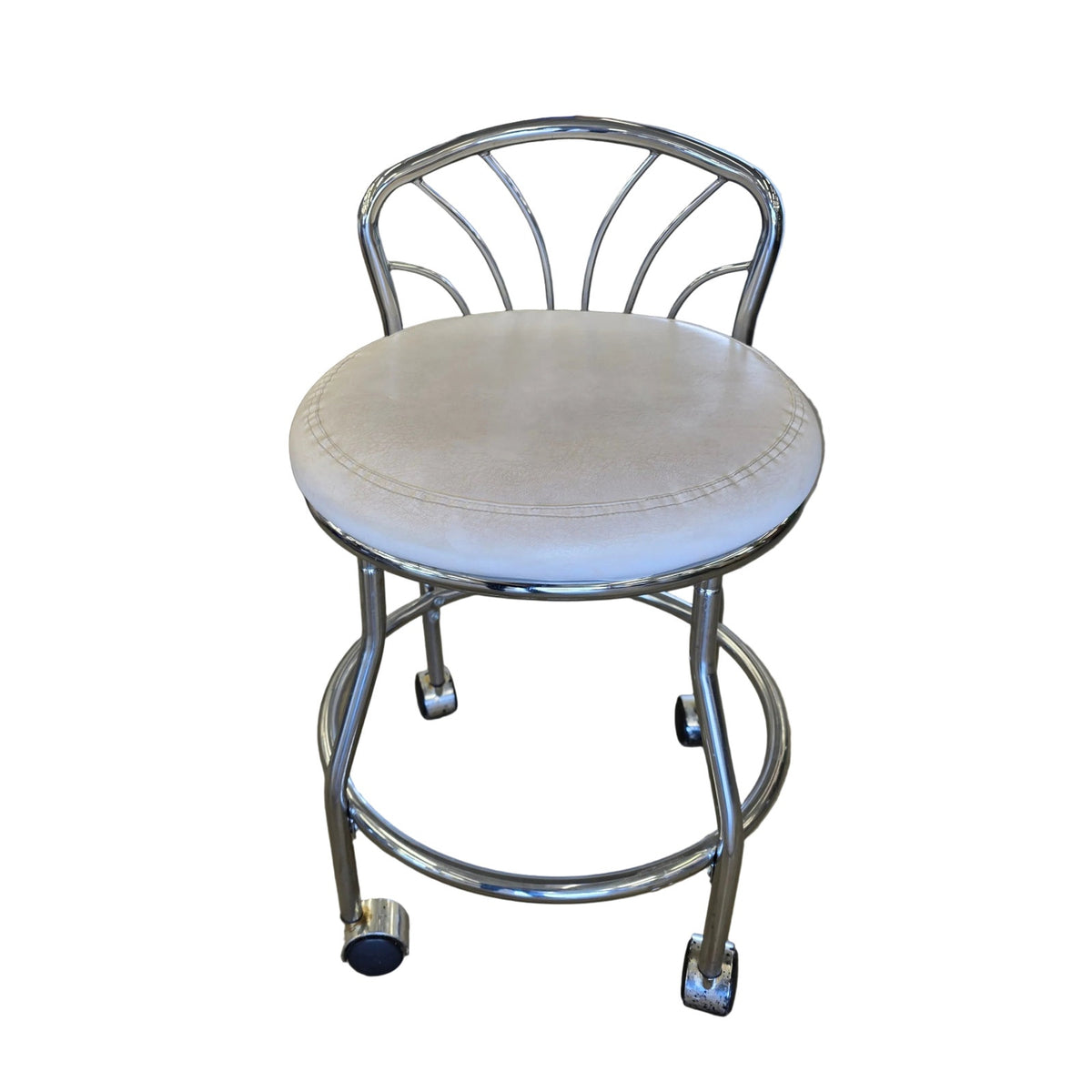 Faux Leather & Polished Chrome Vanity Chair | Rolling | 17" x 27" | Glam Bedroom & Makeup