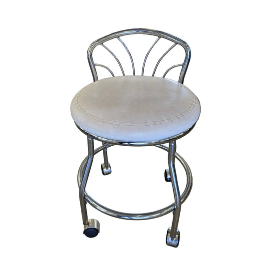 Faux Leather & Polished Chrome Vanity Chair | Rolling | 17" x 27" | Glam Bedroom & Makeup