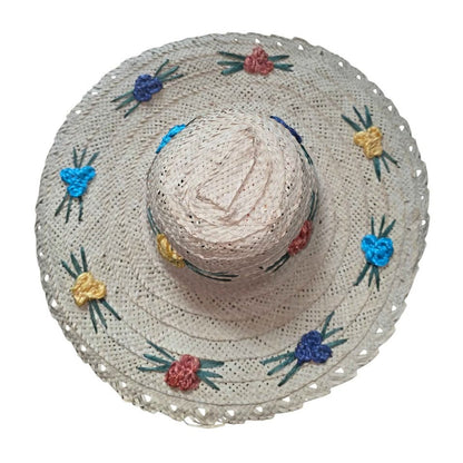 Ladies Straw Hat with Floral Accents & Leather Top | 18" Sun Hat