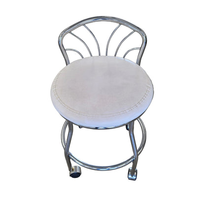 Faux Leather & Polished Chrome Vanity Chair | Rolling | 17" x 27" | Glam Bedroom & Makeup
