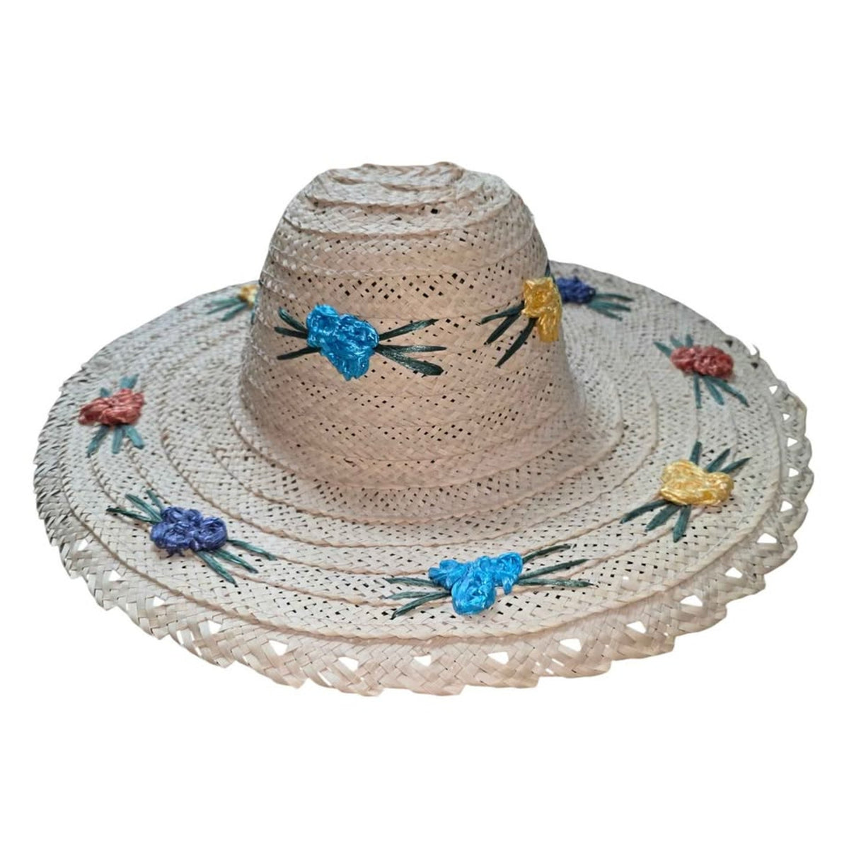 Ladies Straw Hat with Floral Accents & Leather Top | 18" Sun Hat