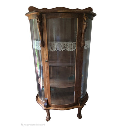 Antique Oak Curio Cabinet | Carved Lion's Head & Claw Feet | Curved Glass | 34.5" x 61.5"