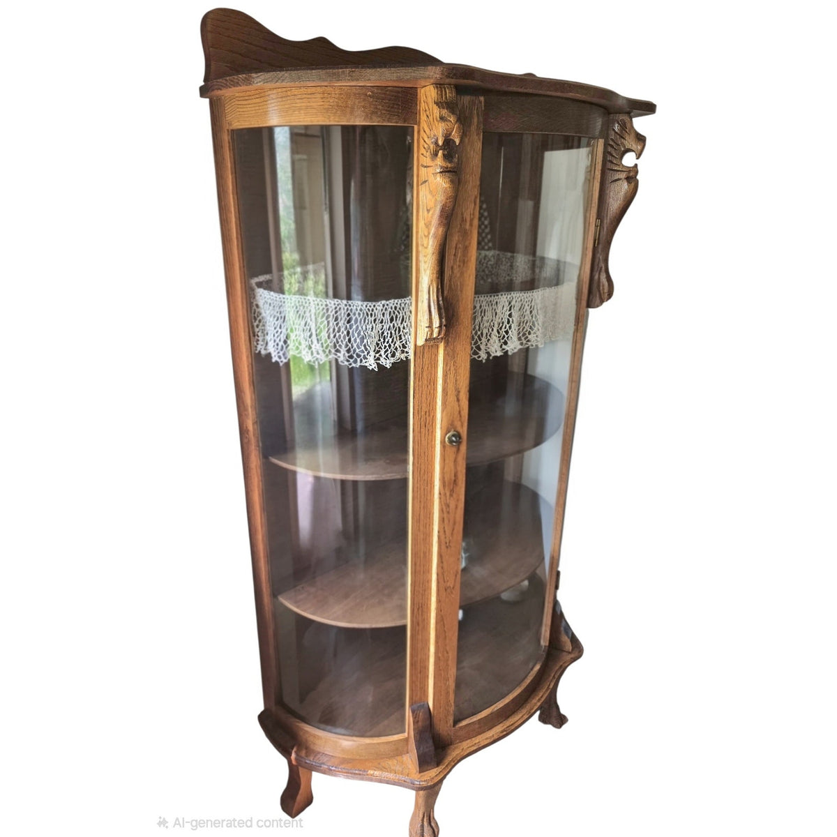 Antique Oak Curio Cabinet | Carved Lion's Head & Claw Feet | Curved Glass | 34.5" x 61.5"