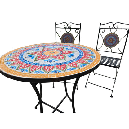 Delightful Black Metal Bistro Table & Chair Set with Colorful Mosaic Tile Accents