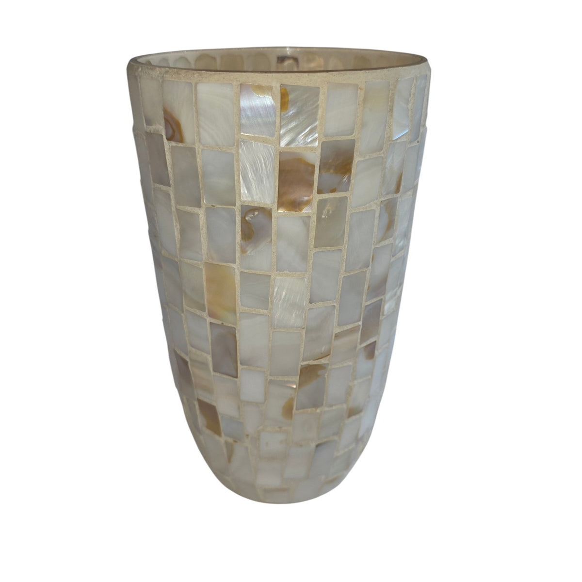 Vintage Mother of Pearl Mosaic Overlay Glass Vase | 5" x 8" Tall | White Iridescent Accent