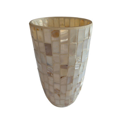 Vintage Mother of Pearl Mosaic Overlay Glass Vase | 5" x 8" Tall | White Iridescent Accent